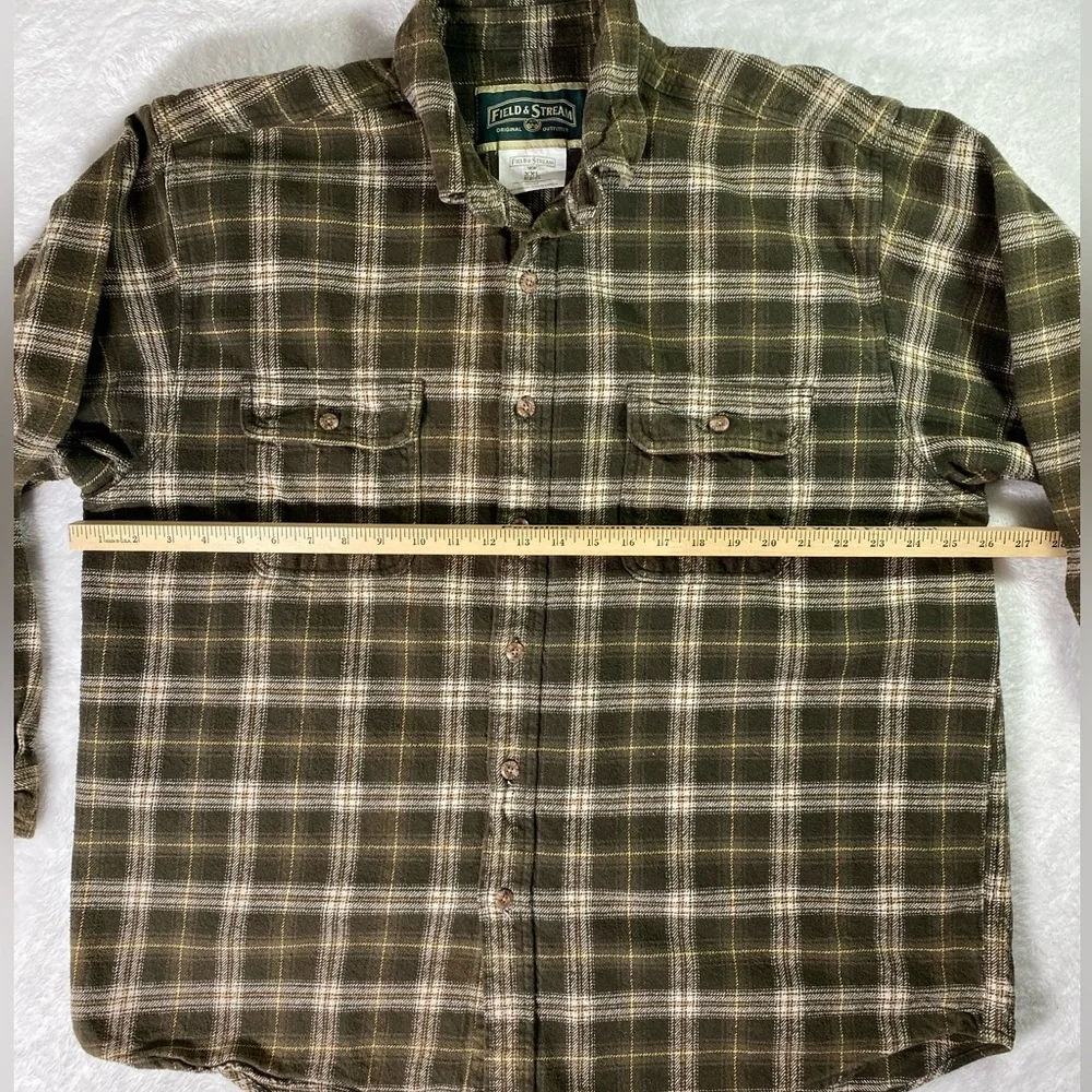 Field & Stream Men XXL Brown Plaid Flannel Button Down 100% Cotton Shirt